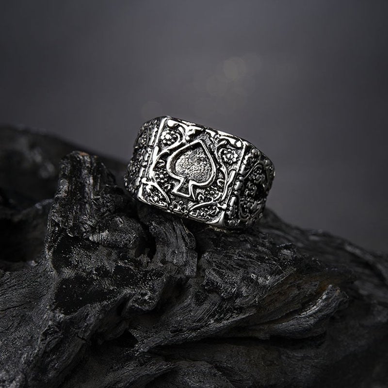 JAJAFOOK Mens Stainless Steel Ring, Poker Spade Ace, Vintage Biker Rings, Black Silver Size 6 7 8 9 - Image 4